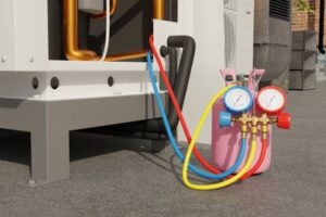 refueling of a large air conditioner, the lid is open, pressure gauges and a freon cylinder